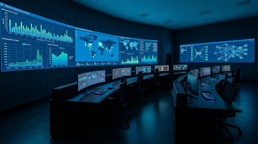 Centro de operaciones de red con paneles de monitoreo