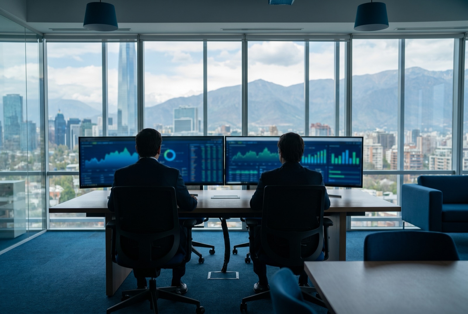 Especialistas revisando tableros de monitoreo en oficina corporativa